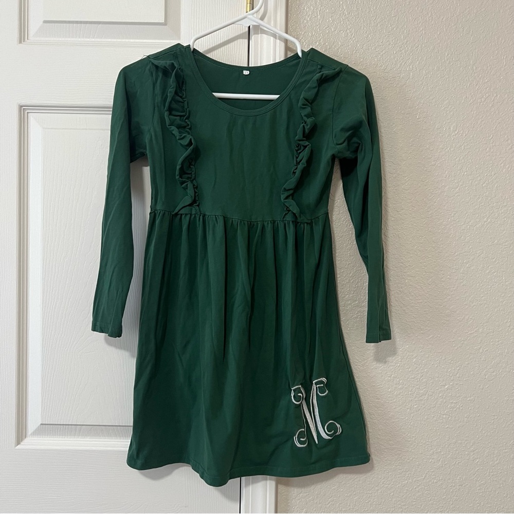 Girls Emerald Green Ruffled Dress with Monogrammed M - Size 12